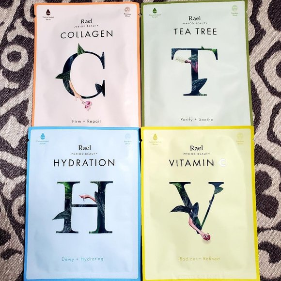 Rael Lot of 4 Sheet Masks Tea Tree, Collagen, Hydration, Vitamin C Variety NEW - Picture 1 of 1